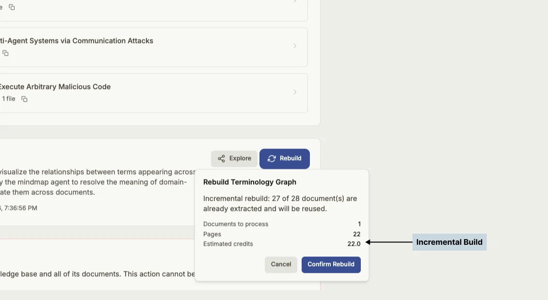 The terminology graph rebuild confirmation showing that 27 of 28 documents will be reused, one document and 22 pages need processing, and the estimated cost is 22 credits.