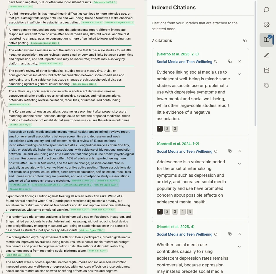 The paragraph selected, with its seven citations in the sidebar