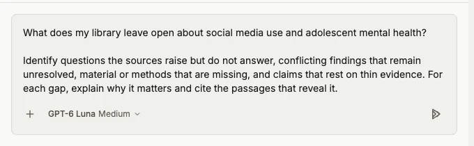 The Find research gaps prompt in library chat