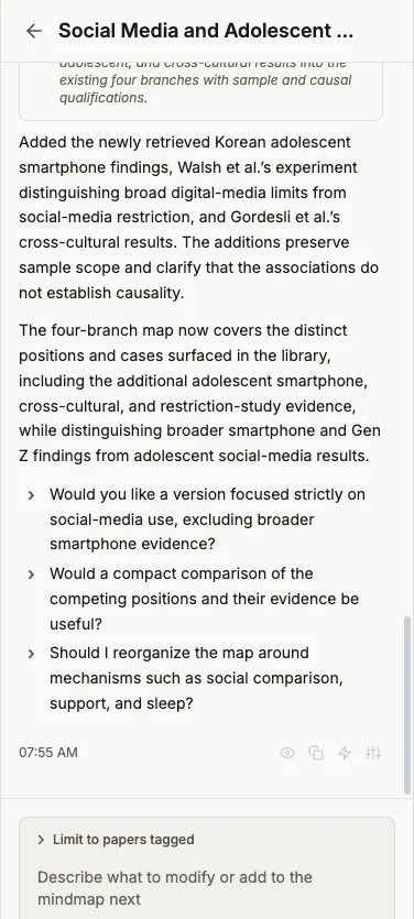The agent's summary, ending with suggested next steps