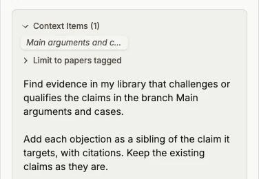 The selected branch in Context Items and the filled-in prompt
