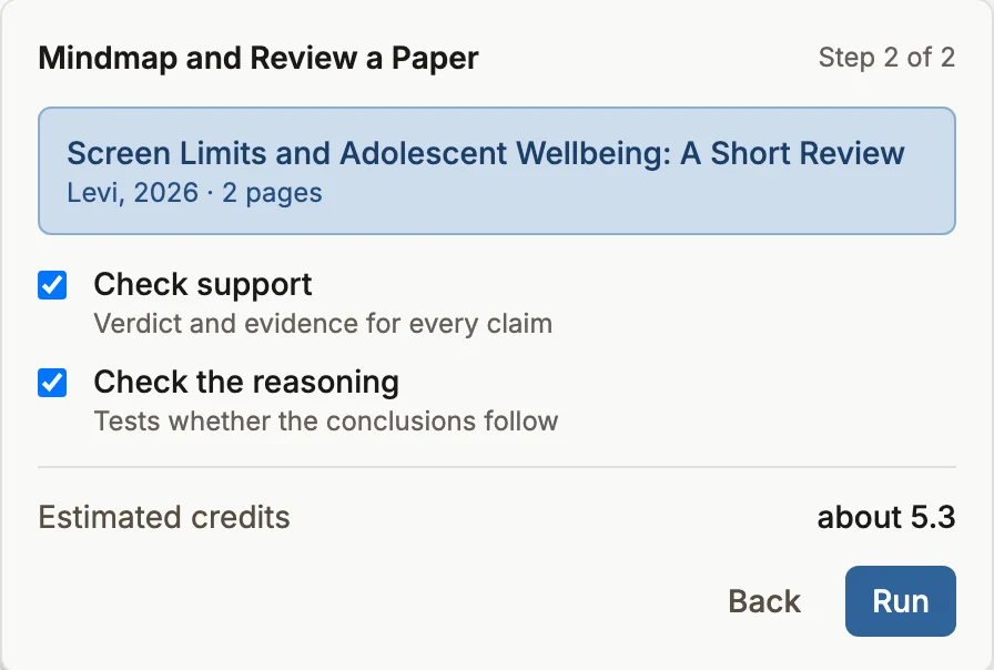 Step 2 of the Mindmap and Review a Paper panel, with both checks ticked