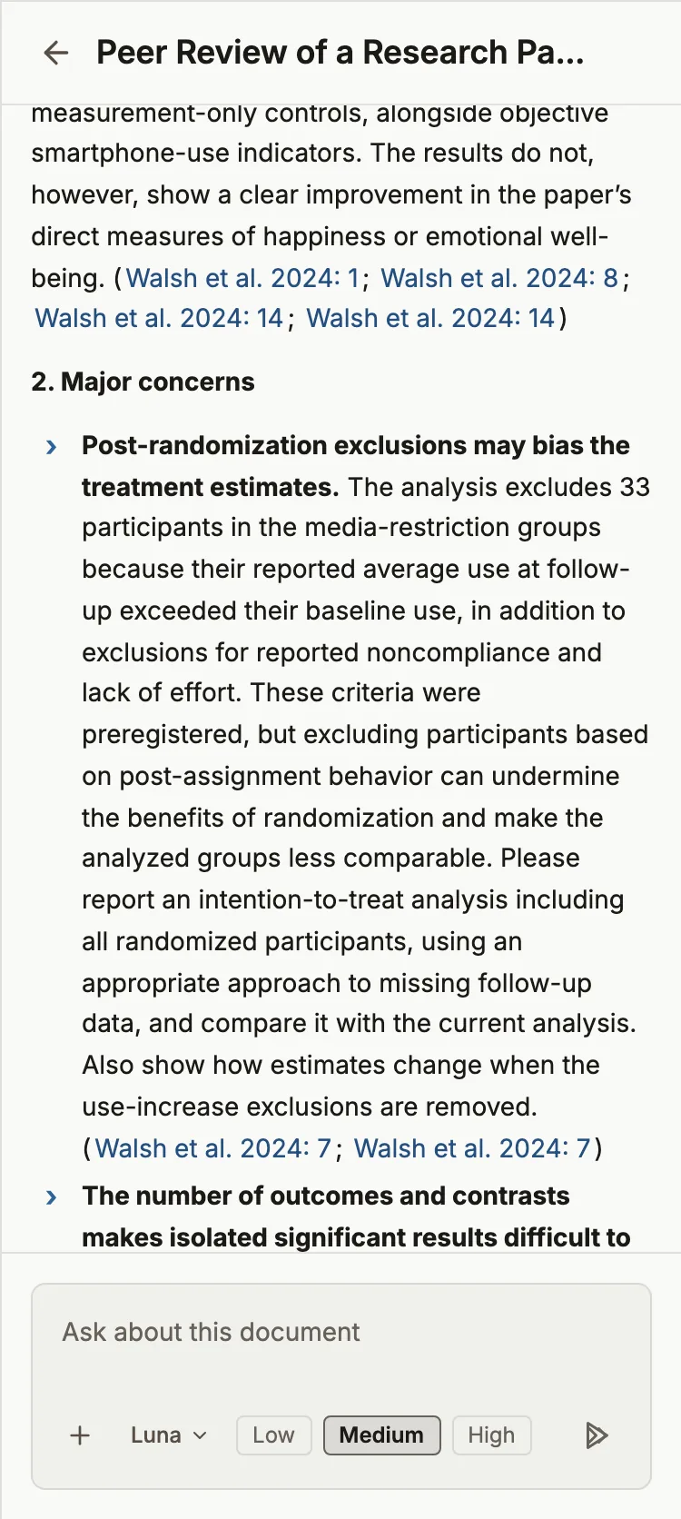 Major concerns, each cited to the pages behind it