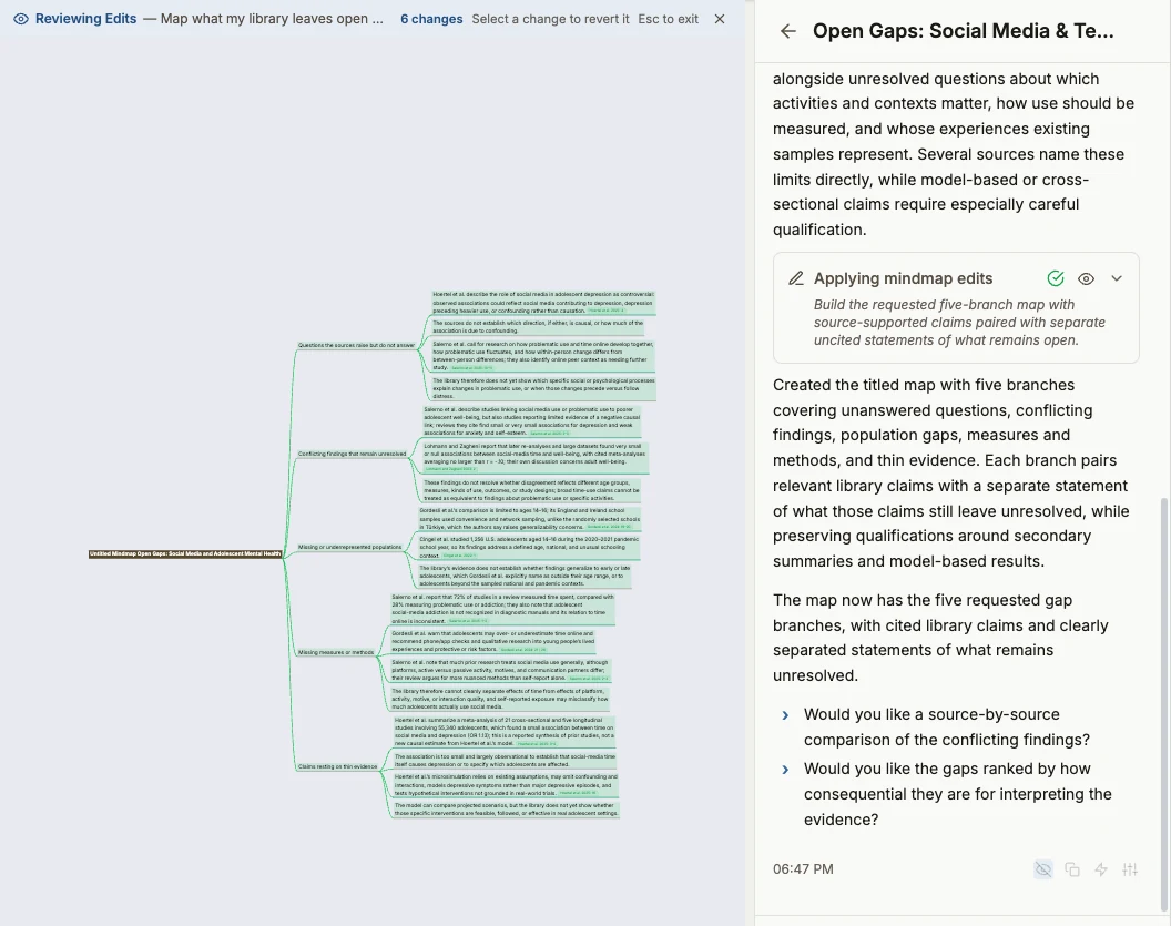 Reviewing an answer that built a gap map: six changes, all added