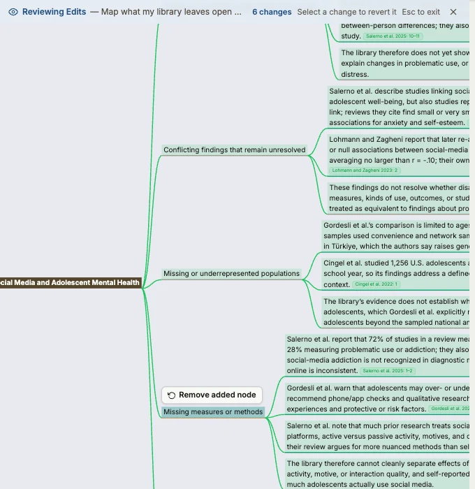 Selecting an added branch in a review shows "Remove added node"