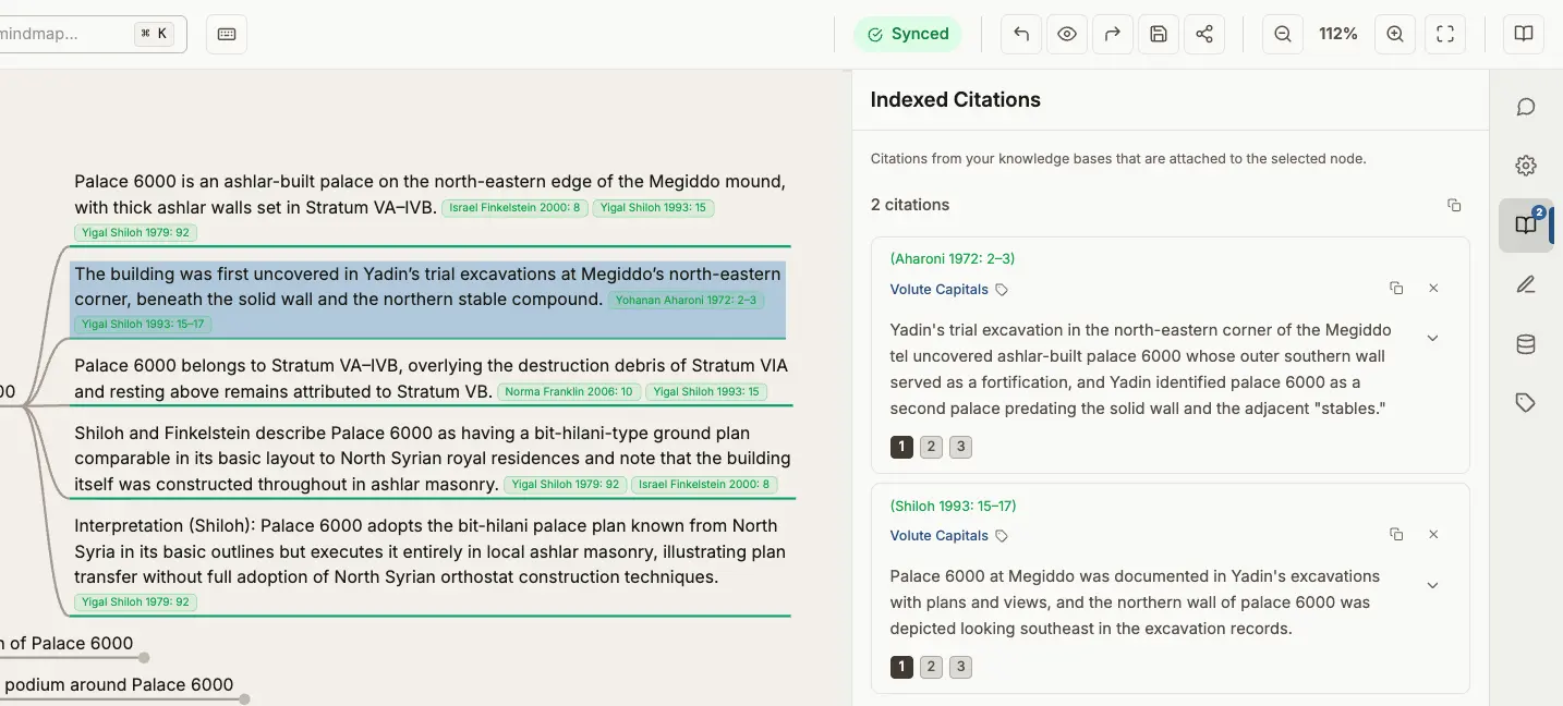 Agent Bayes indexed citations panel beside a selected Palace 6000 claim, showing the source text attached to that claim