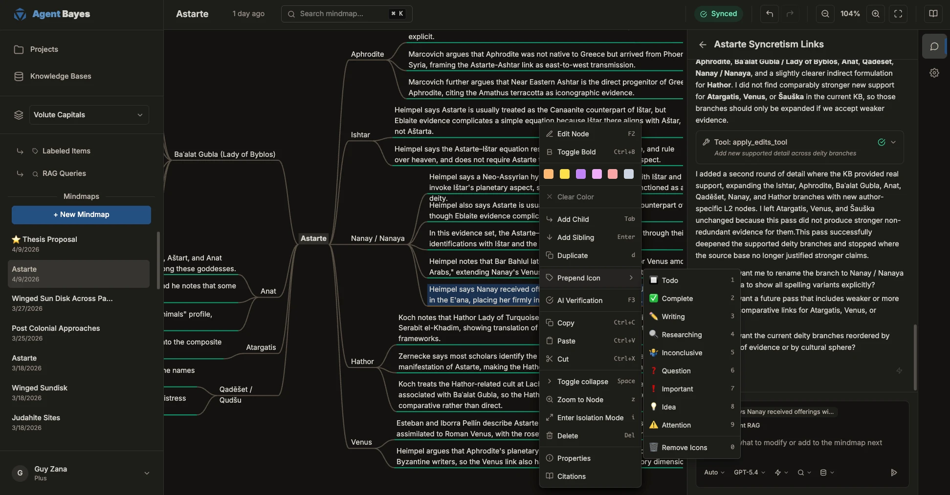 Agent Bayes mindmap interface showing a research session on Links to Astarte with citations panel and AI agent steps