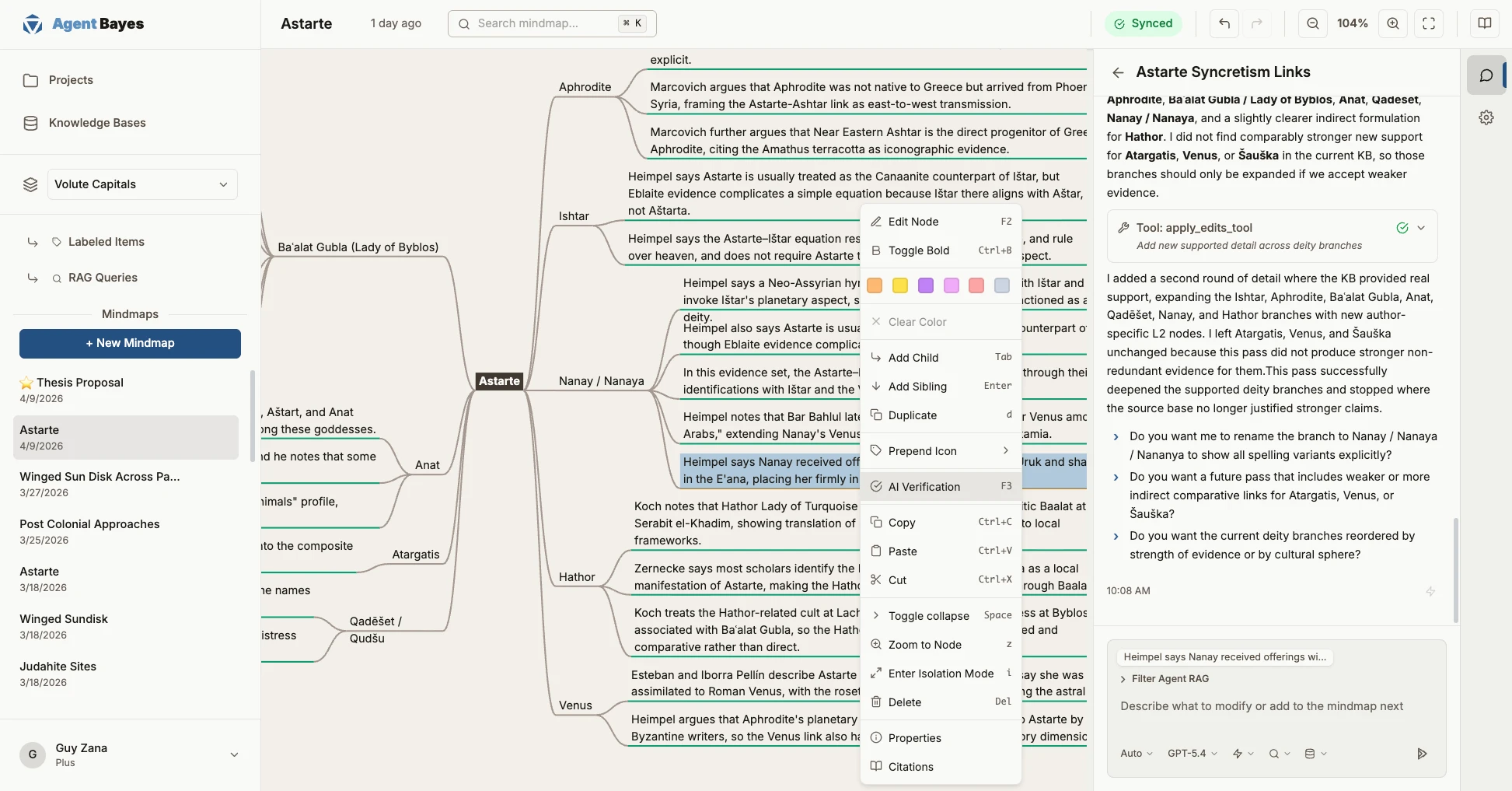 Agent Bayes mindmap interface showing a research session on Links to Astarte with citations panel and AI agent steps
