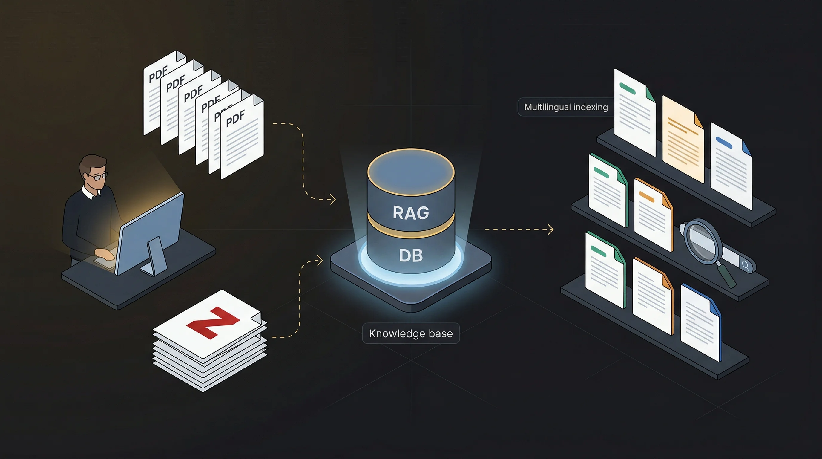 Diagram showing PDFs and a Zotero collection flowing into a RAG knowledge base and becoming semantically searchable