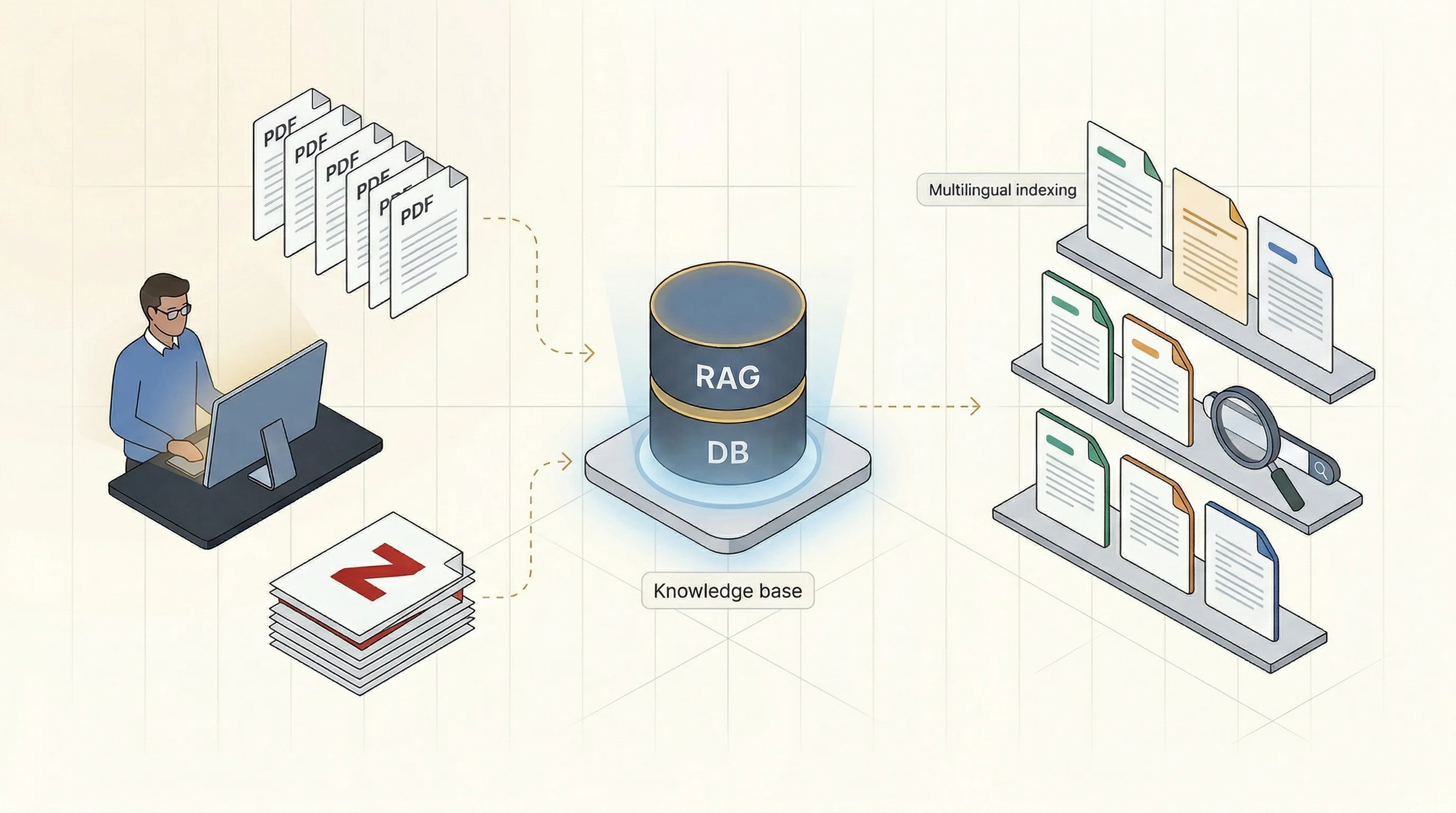 Diagram showing PDFs and a Zotero collection flowing into a RAG knowledge base and becoming semantically searchable