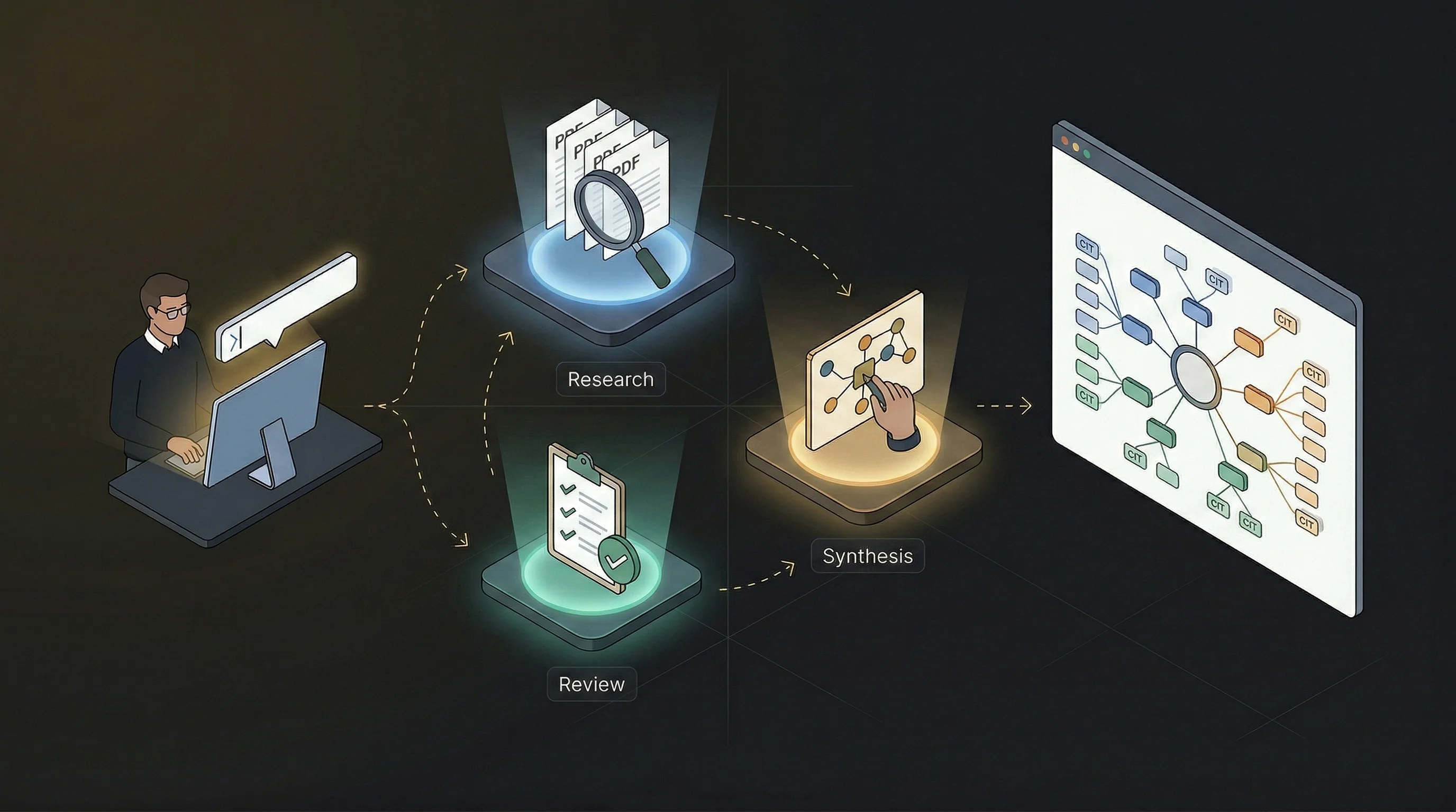 Diagram showing a research query flowing through a research and gap-review pipeline into a final mindmap synthesis
