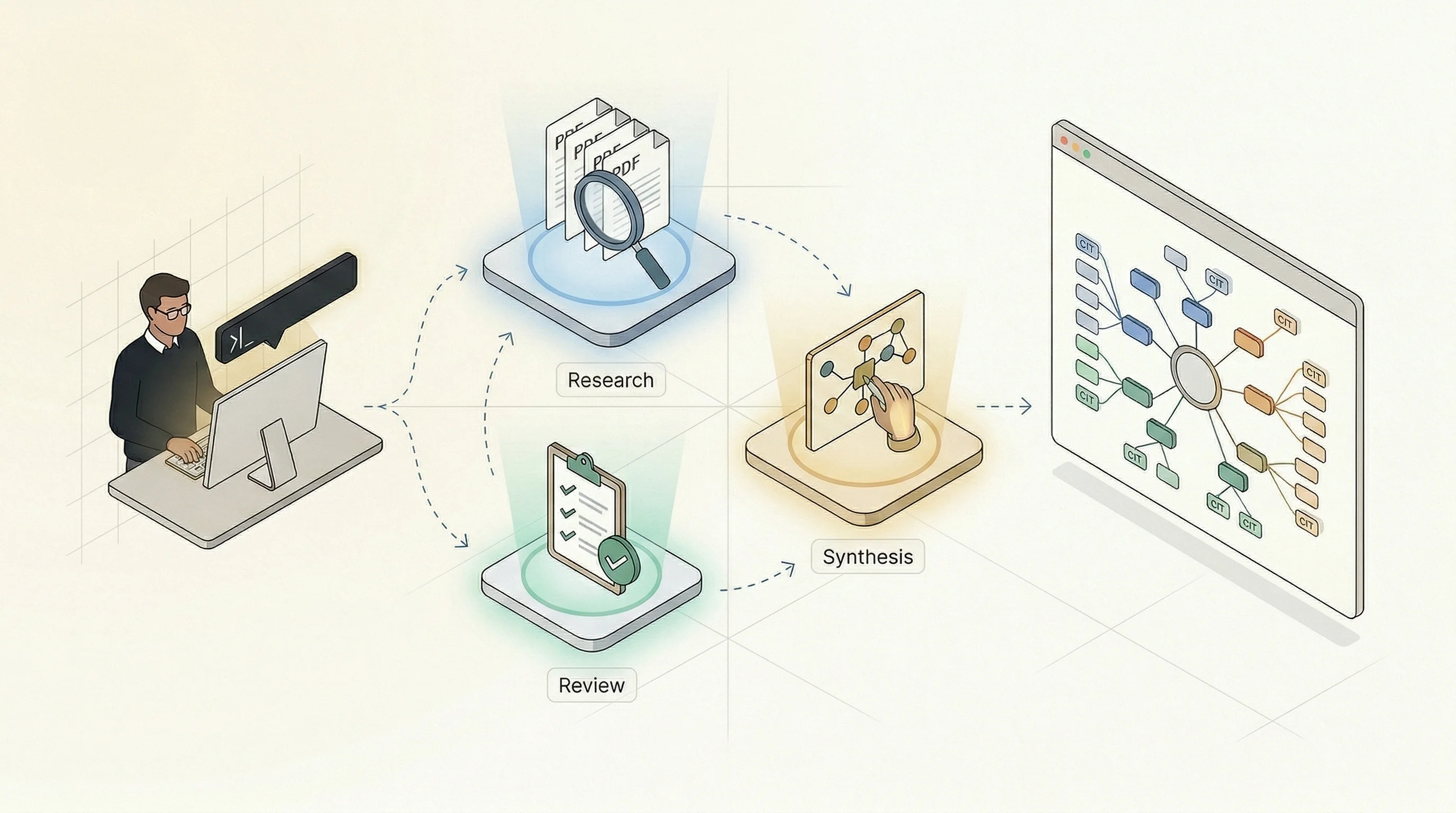 Diagram showing a research query flowing through a research and gap-review pipeline into a final mindmap synthesis