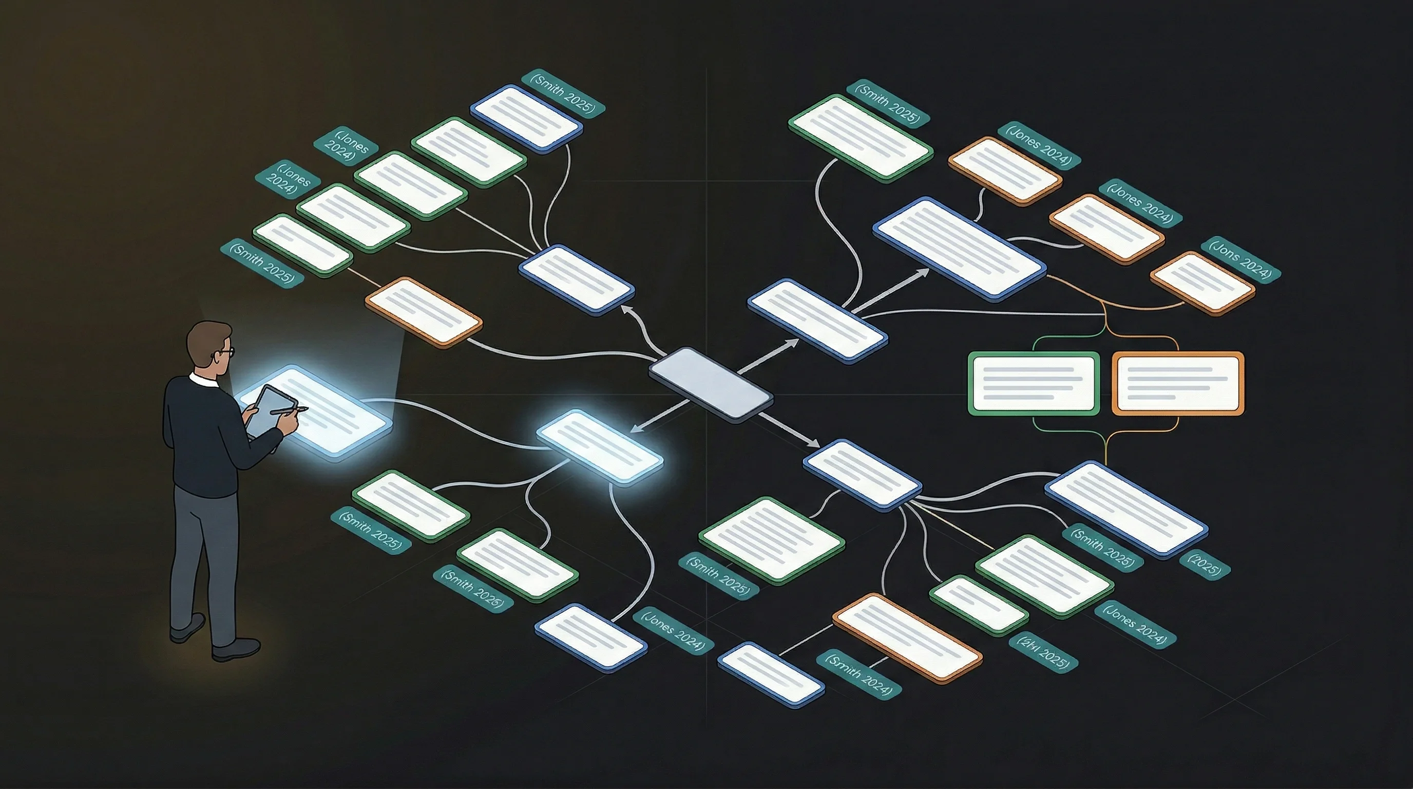 Researcher interacting with a citation-backed mindmap showing structured nodes and source references