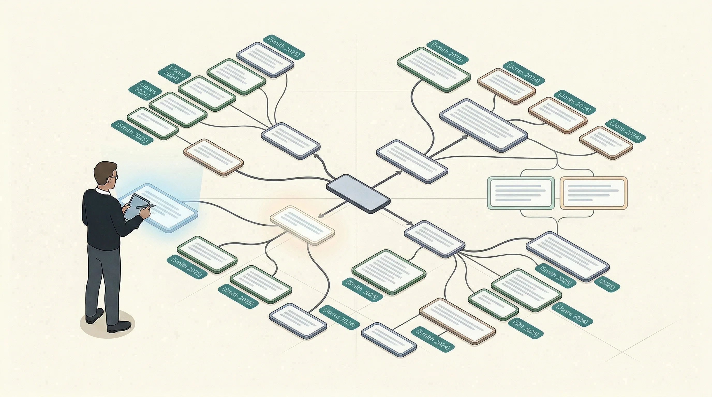 Researcher interacting with a citation-backed mindmap showing structured nodes and source references