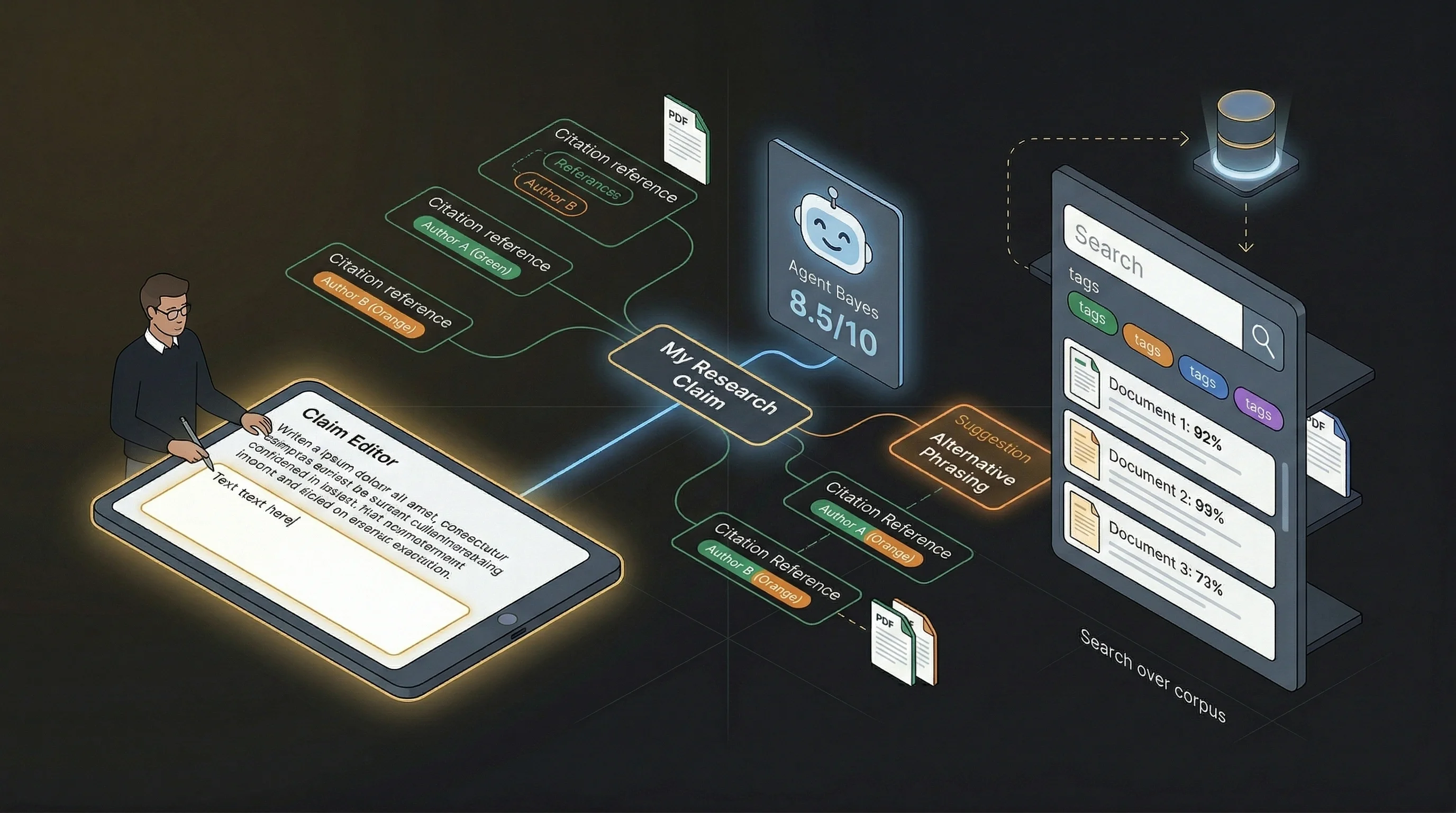 Researcher editing claims in a mindmap with Agent Bayes providing citation scores, alternative phrasing, and semantic search results