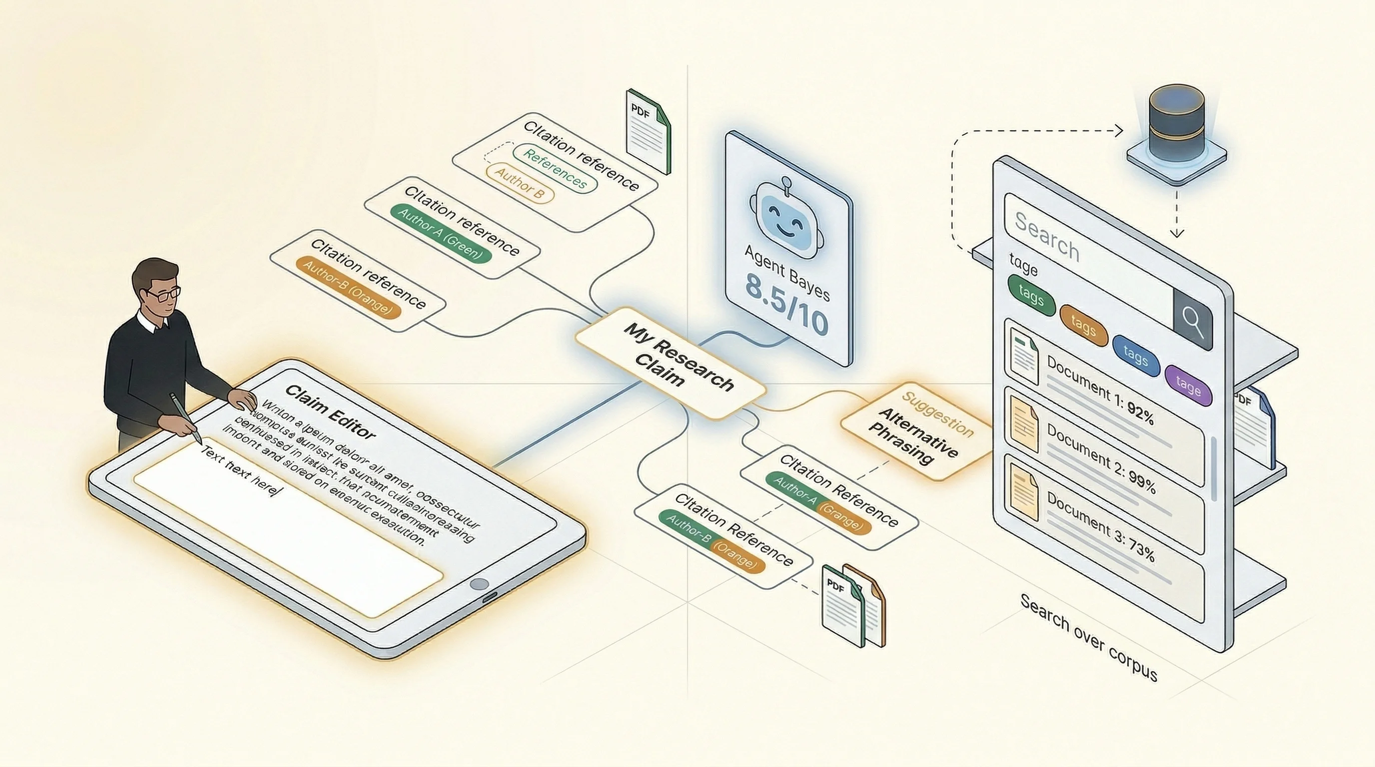 Researcher editing claims in a mindmap with Agent Bayes providing citation scores, alternative phrasing, and semantic search results